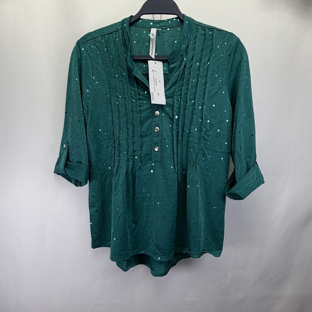 Women's NY COLLECTION Green Sparkle button down long sleeve shirt Size PM New